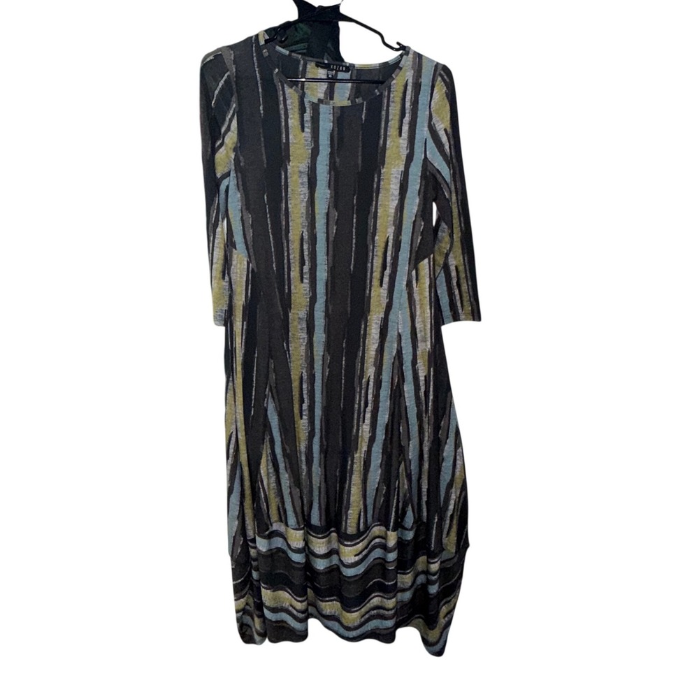 Kozan Abstract Stripe Tulip Hem Midi Dress Black Blue Chartreuse XS Lagenlook - Picture 3 of 7